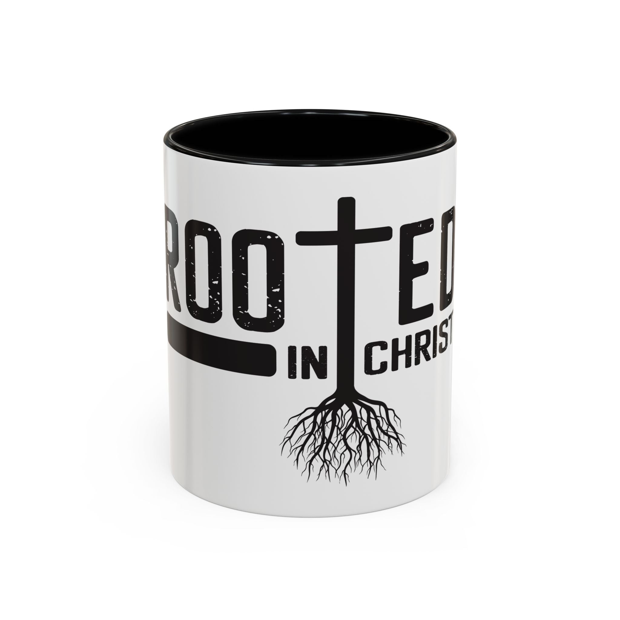 Rooted in Christ Coffee Mug – 11oz & 15oz Christian Tree Cross Design, Colorful Interior