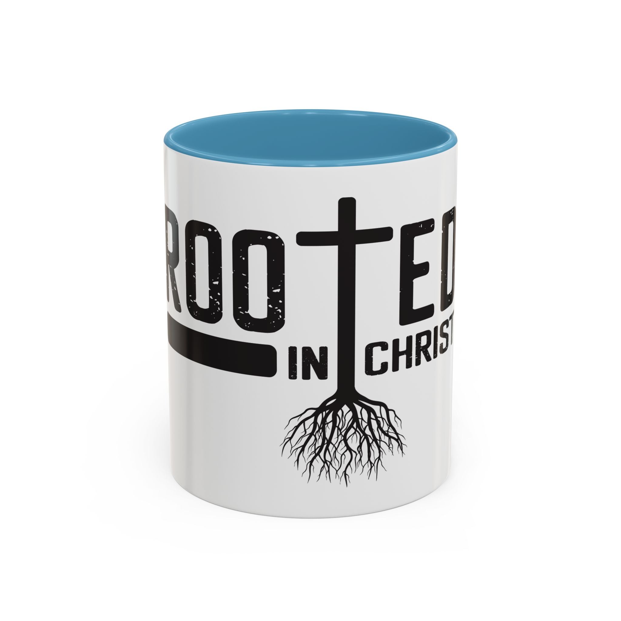 Rooted in Christ Coffee Mug – 11oz & 15oz Christian Tree Cross Design, Colorful Interior