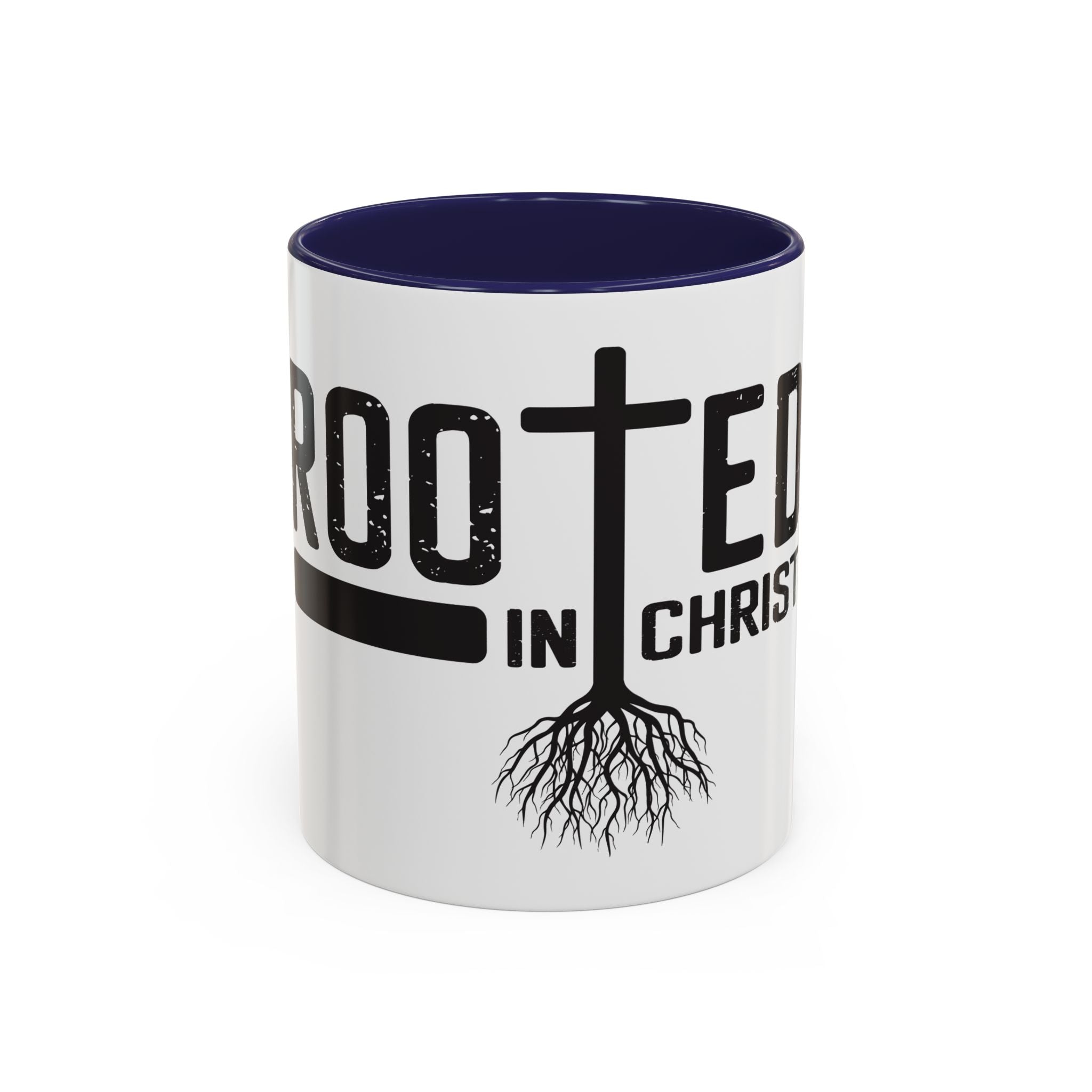 Rooted in Christ Coffee Mug – 11oz & 15oz Christian Tree Cross Design, Colorful Interior