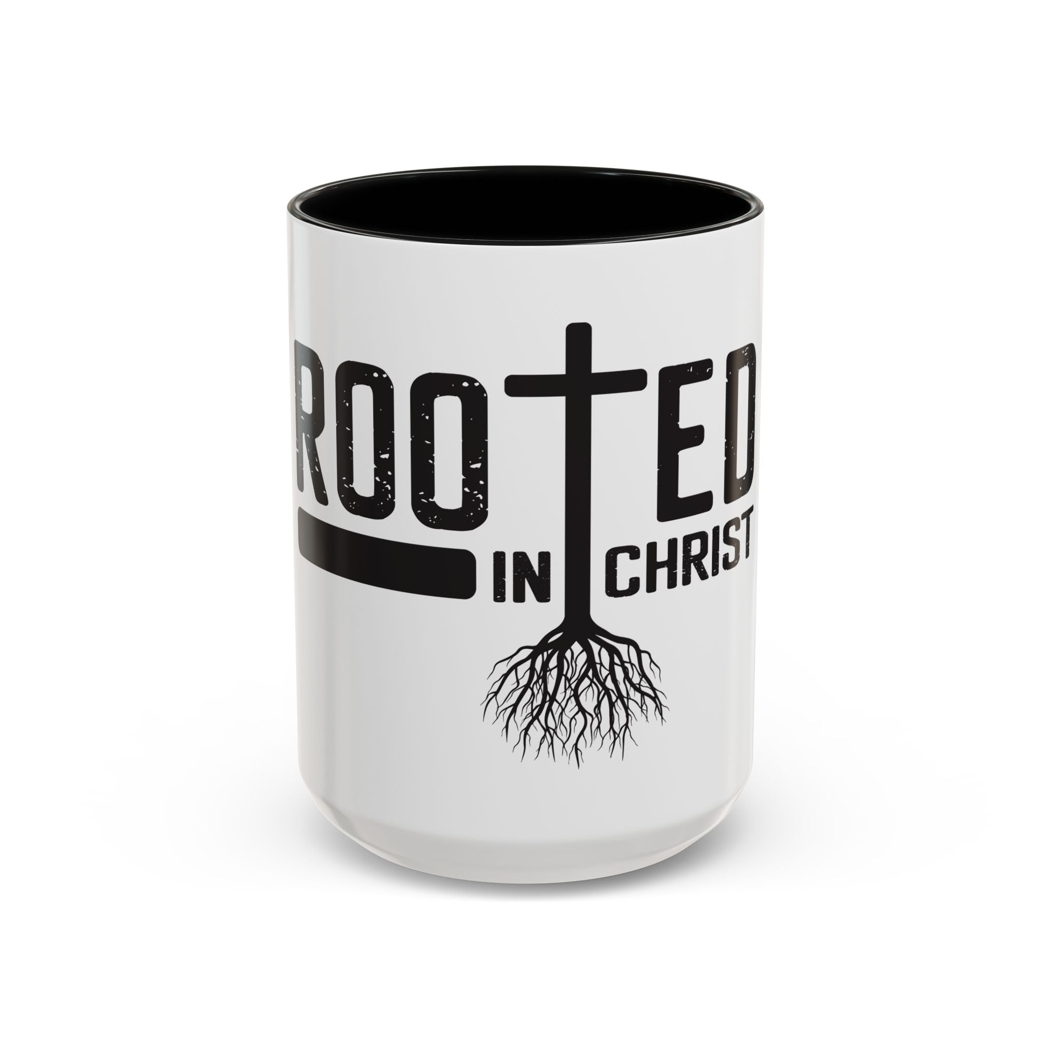 Rooted in Christ Coffee Mug – 11oz & 15oz Christian Tree Cross Design, Colorful Interior
