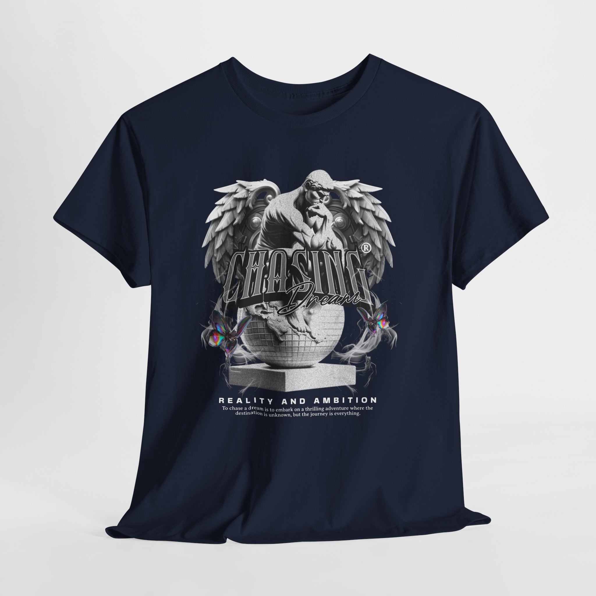 Chasing Dreams" Thinker Statue on Globe with Wings - Motivational Digital Art
