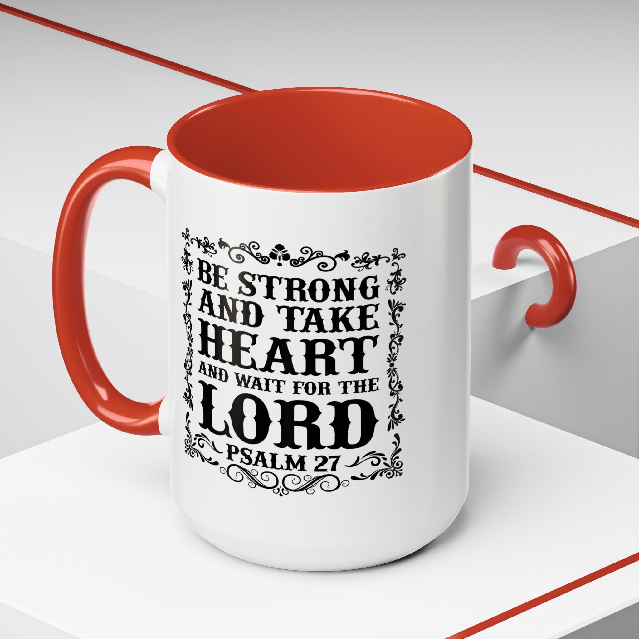 Be Strong and Take Heart Coffee Mug – 11oz & 15oz Christian Scripture Design, Colorful Interior