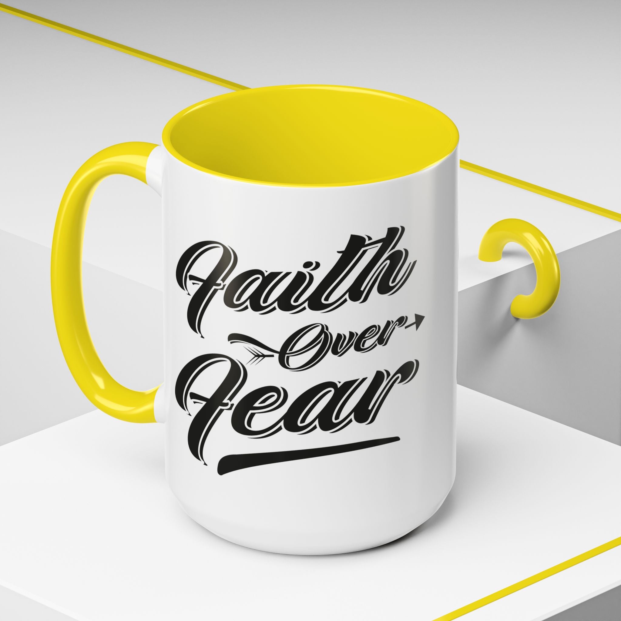 Faith Over Fear Coffee Mug – 11oz & 15oz Inspirational Christian Quote, Colorful Interior