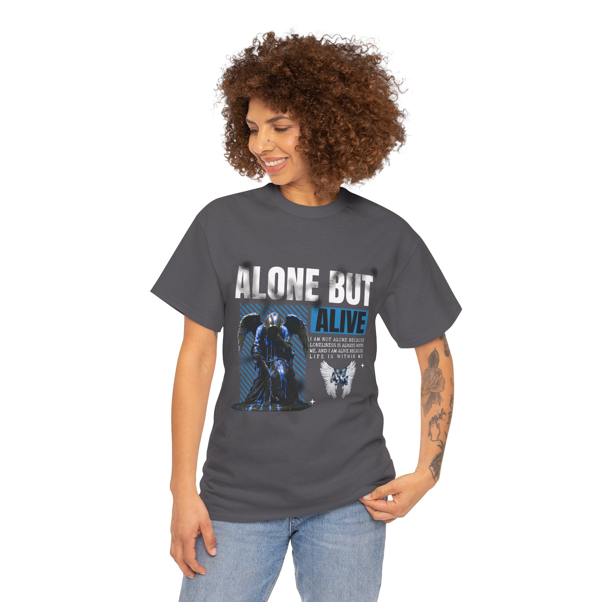 Alone but Alive" Dark Angel Statue with Blue Accents - Digital Art