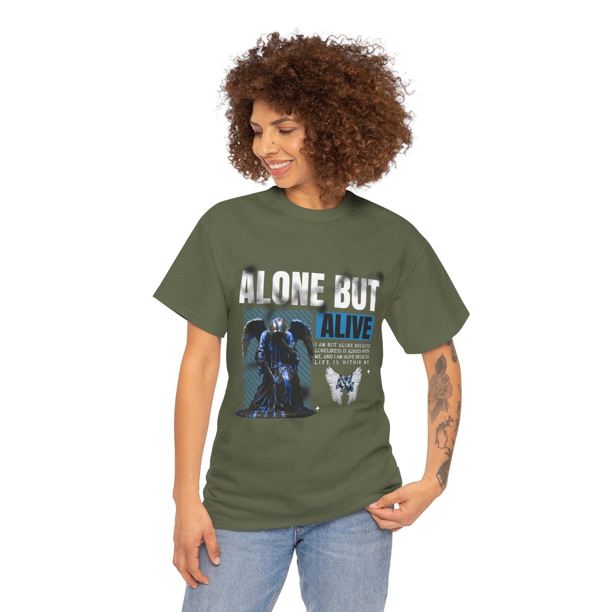 Alone but Alive" Dark Angel Statue with Blue Accents - Digital Art