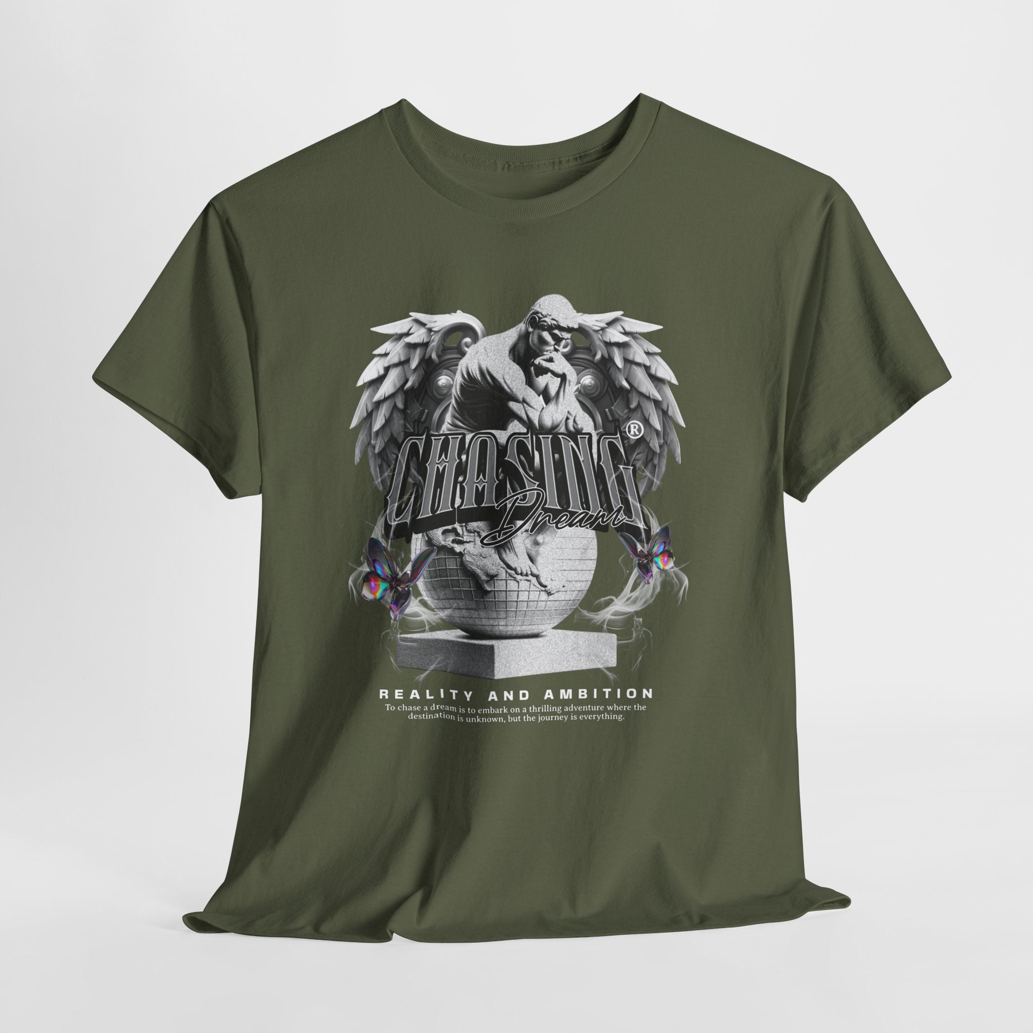 Chasing Dreams" Thinker Statue on Globe with Wings - Motivational Digital Art