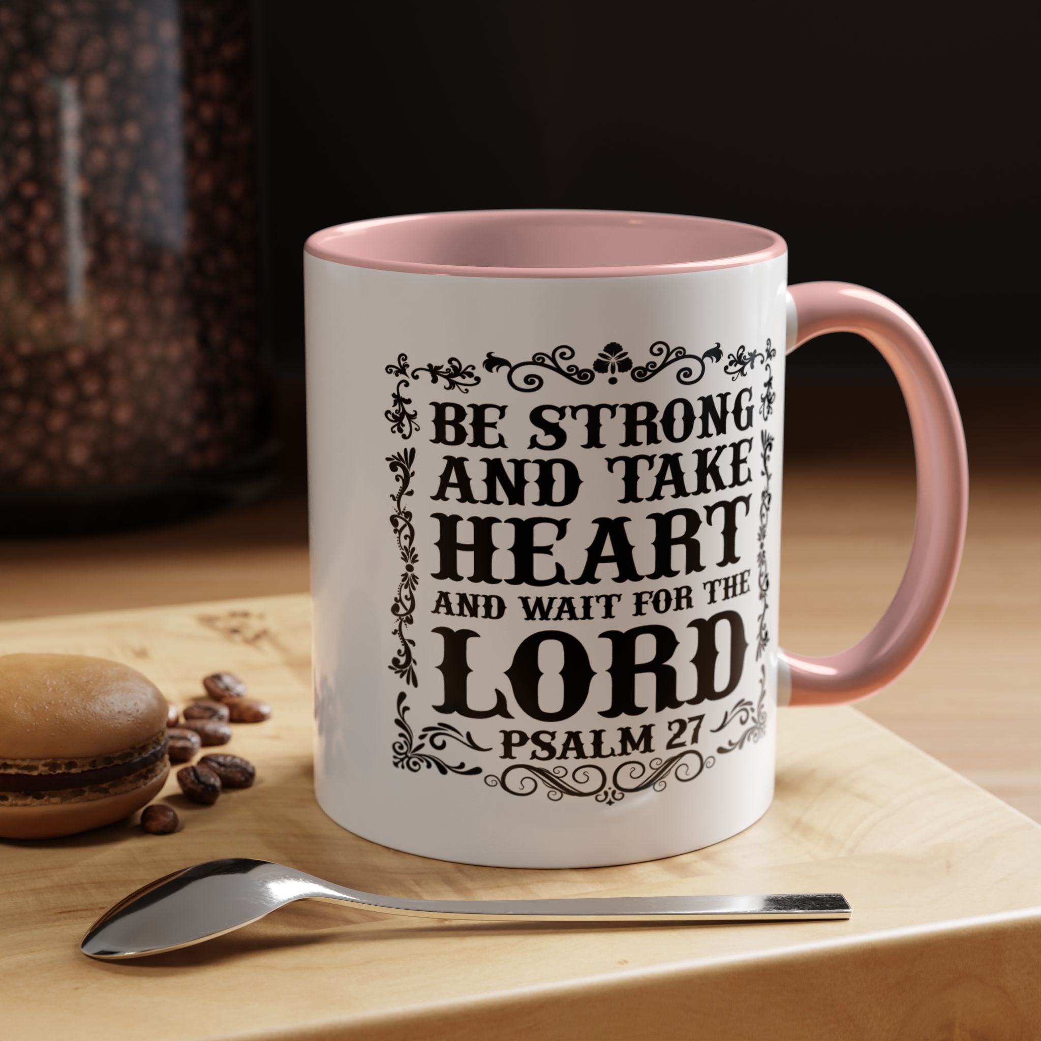 Be Strong and Take Heart Coffee Mug – 11oz & 15oz Christian Scripture Design, Colorful Interior