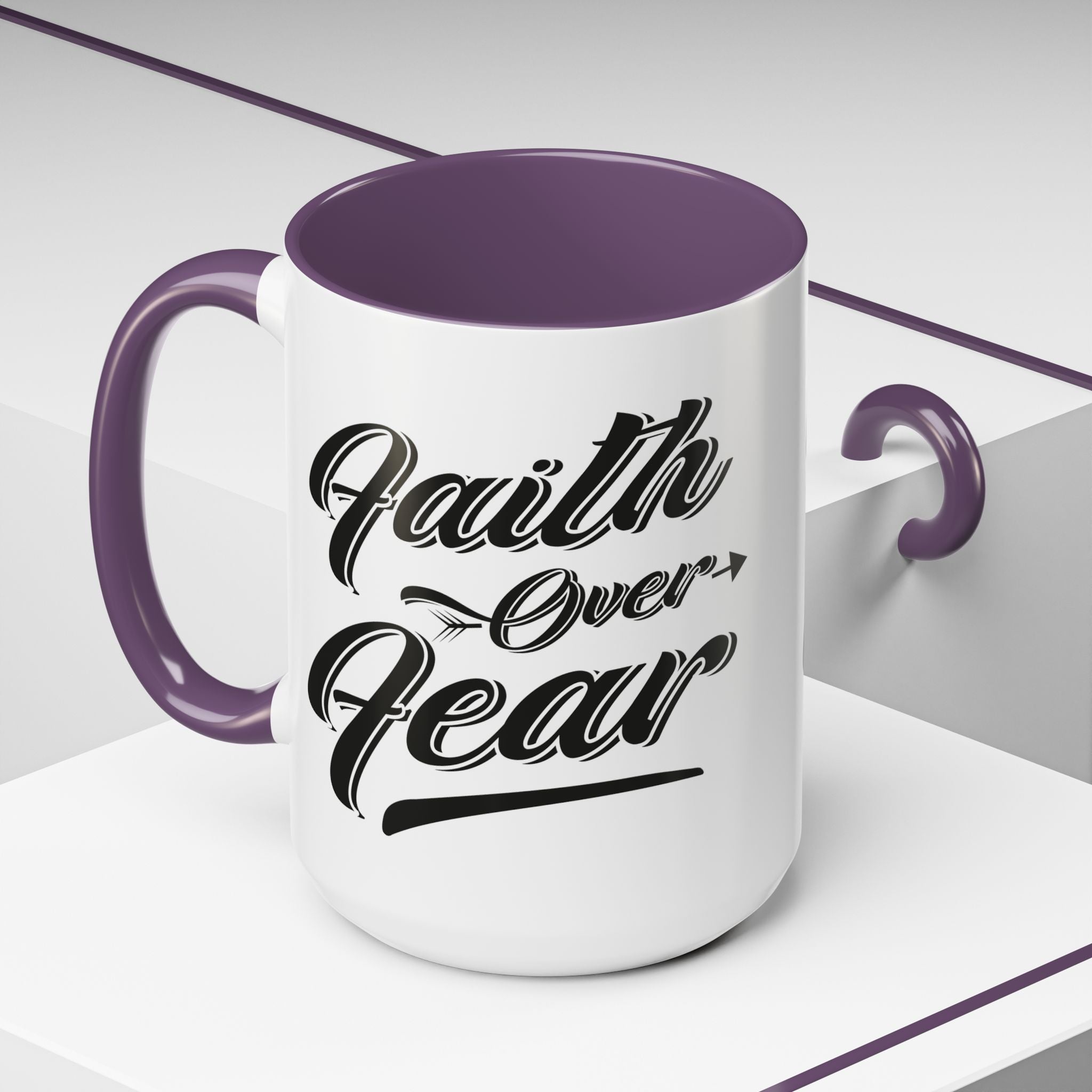 Faith Over Fear Coffee Mug – 11oz & 15oz Inspirational Christian Quote, Colorful Interior