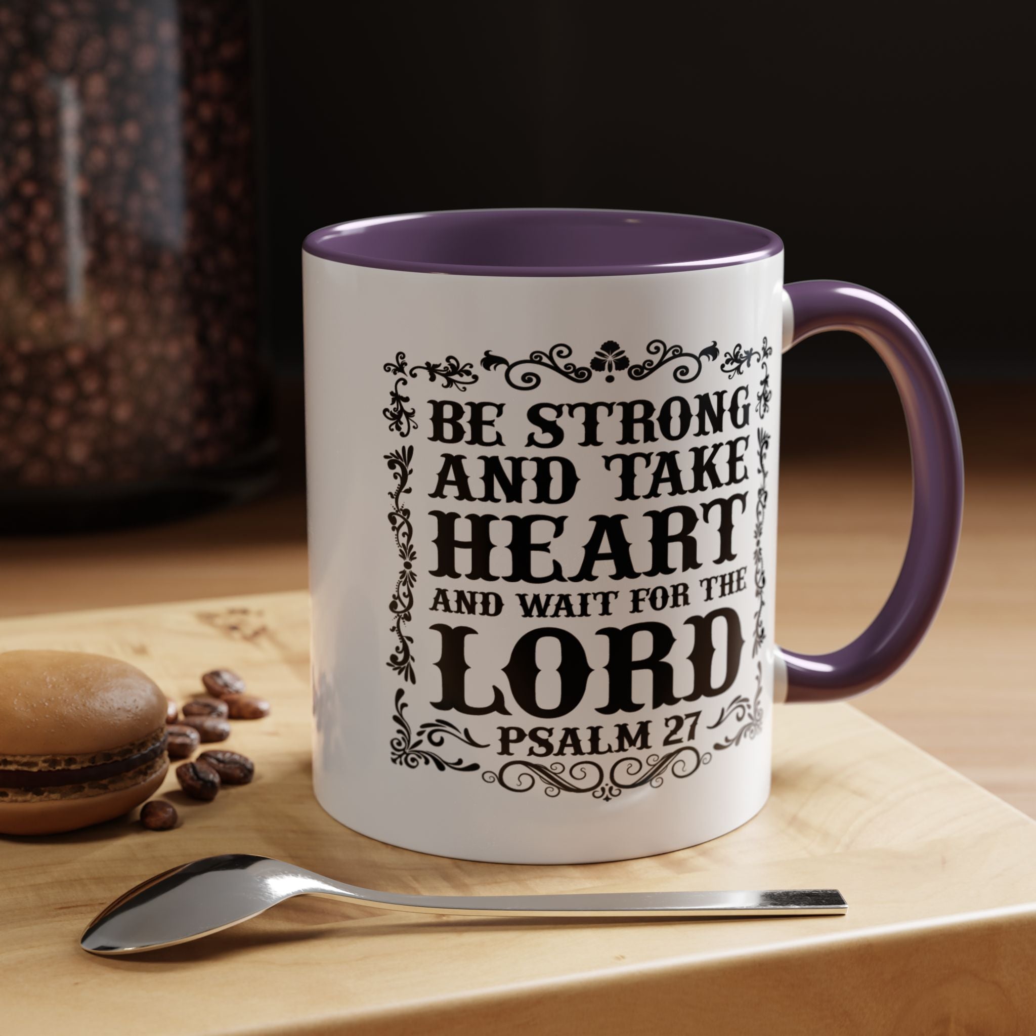 Be Strong and Take Heart Coffee Mug – 11oz & 15oz Christian Scripture Design, Colorful Interior