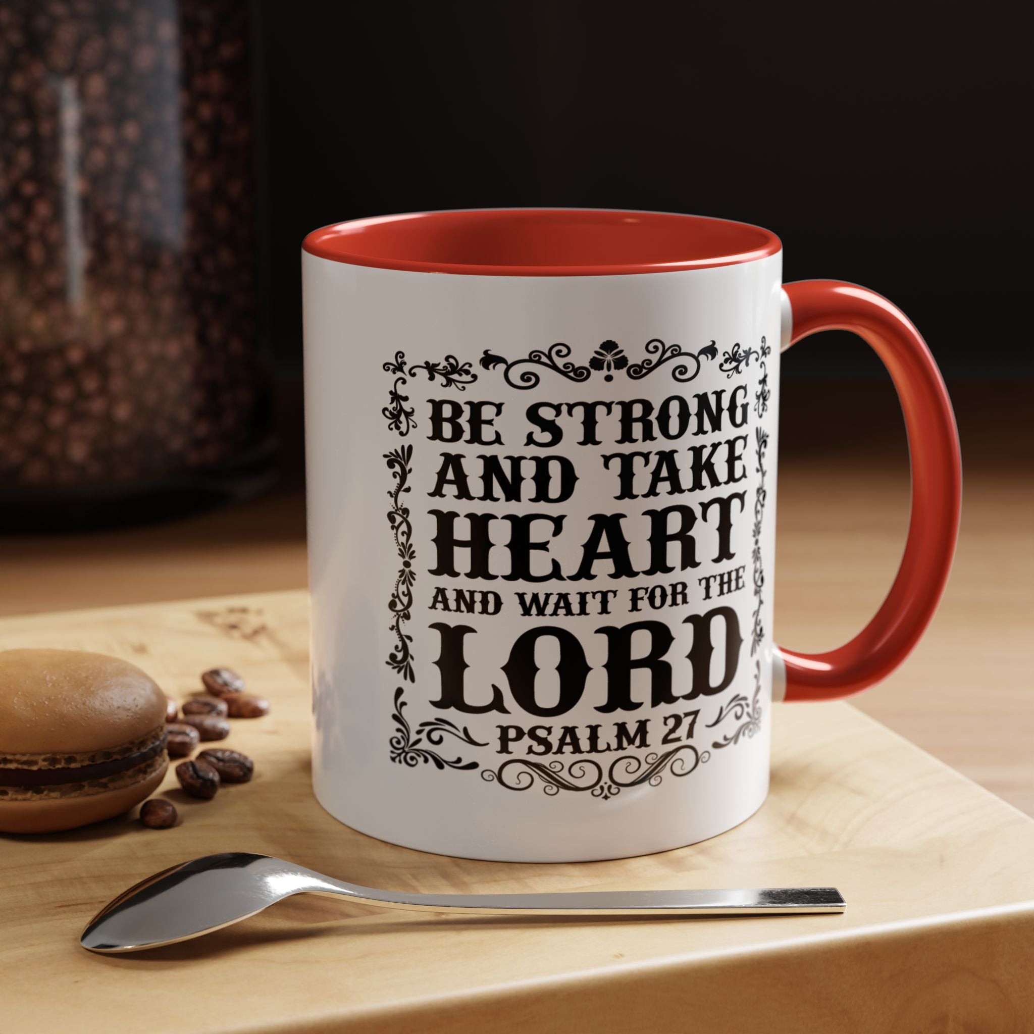 Be Strong and Take Heart Coffee Mug – 11oz & 15oz Christian Scripture Design, Colorful Interior