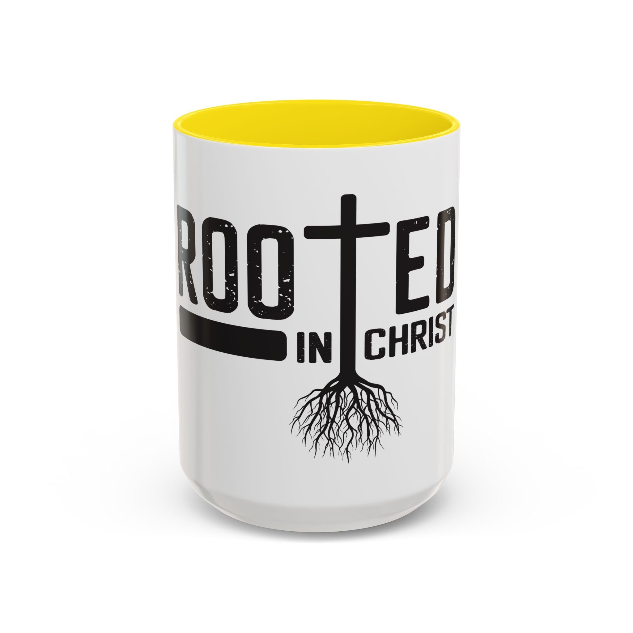 Rooted in Christ Coffee Mug – 11oz & 15oz Christian Tree Cross Design, Colorful Interior
