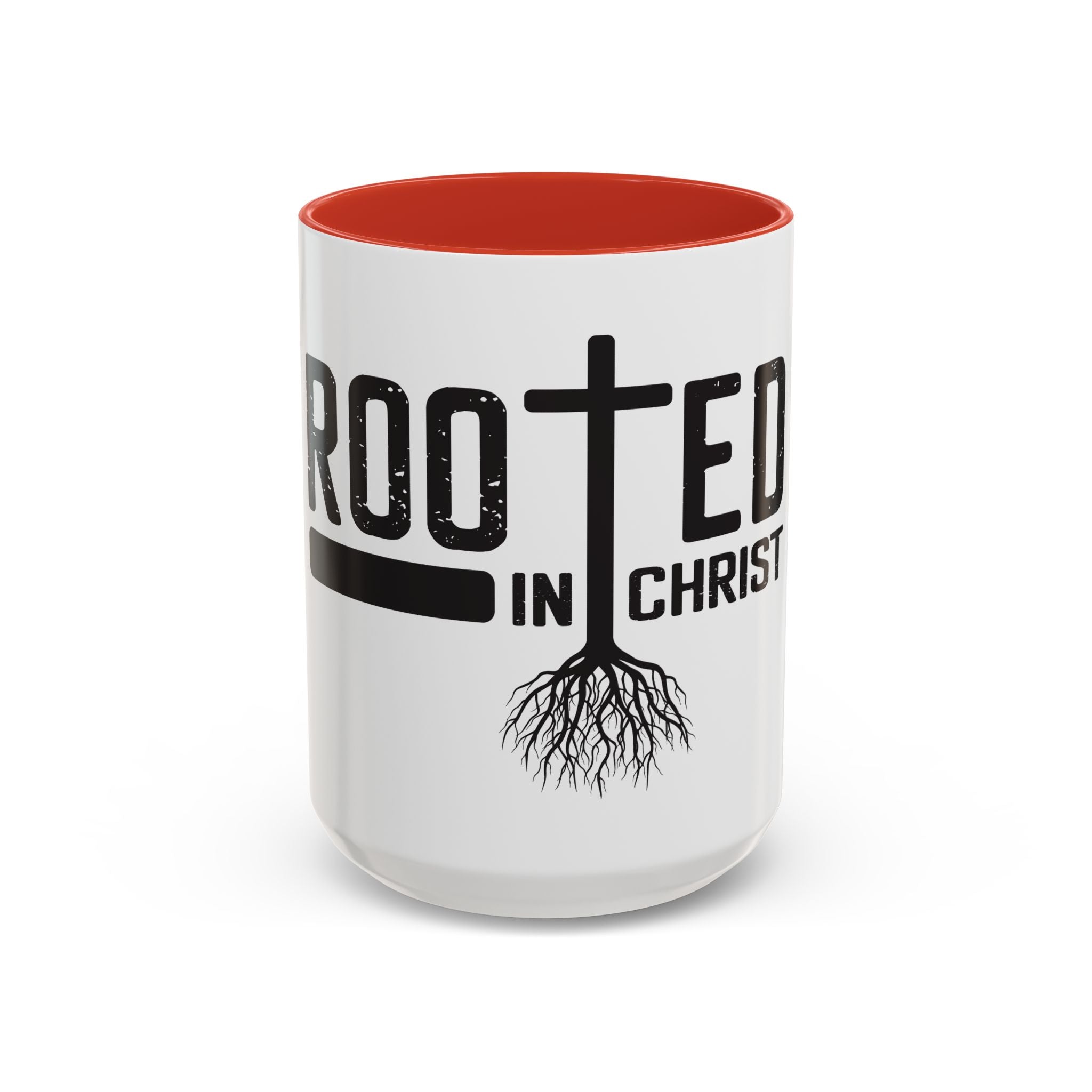 Rooted in Christ Coffee Mug – 11oz & 15oz Christian Tree Cross Design, Colorful Interior