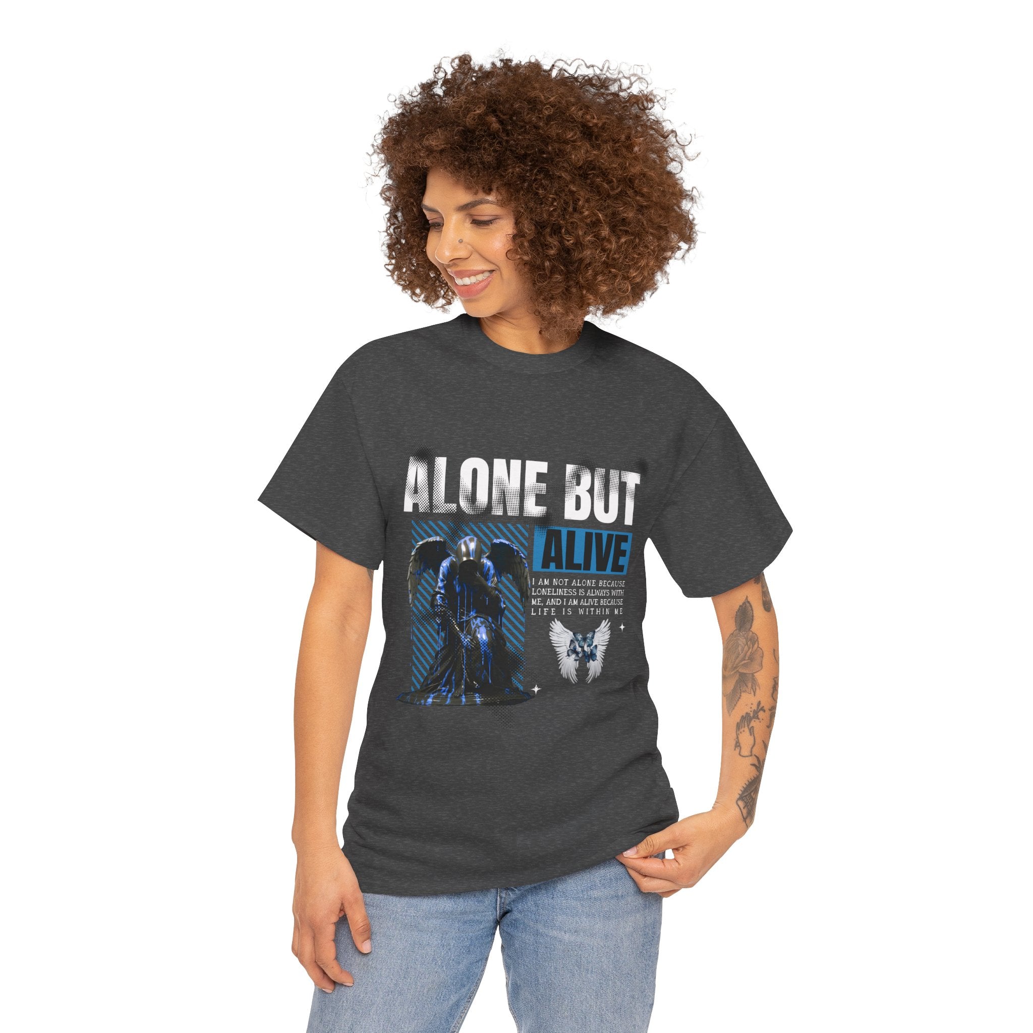 Alone but Alive" Dark Angel Statue with Blue Accents - Digital Art