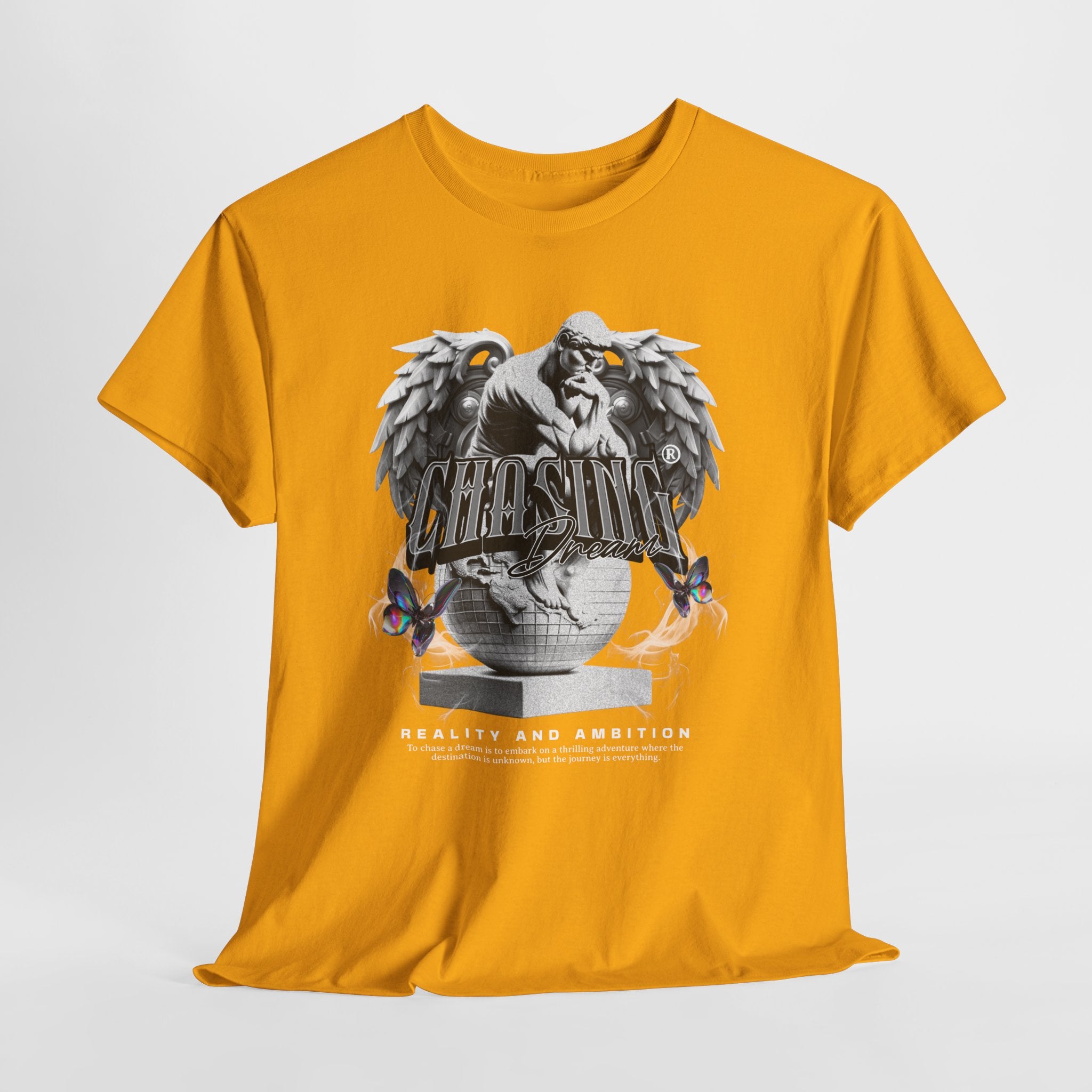 Chasing Dreams" Thinker Statue on Globe with Wings - Motivational Digital Art