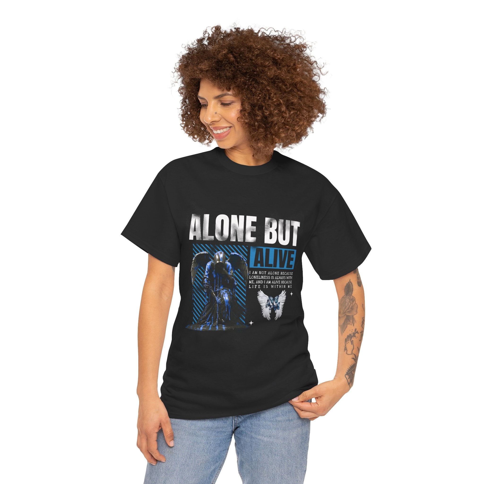 Alone but Alive" Dark Angel Statue with Blue Accents - Digital Art