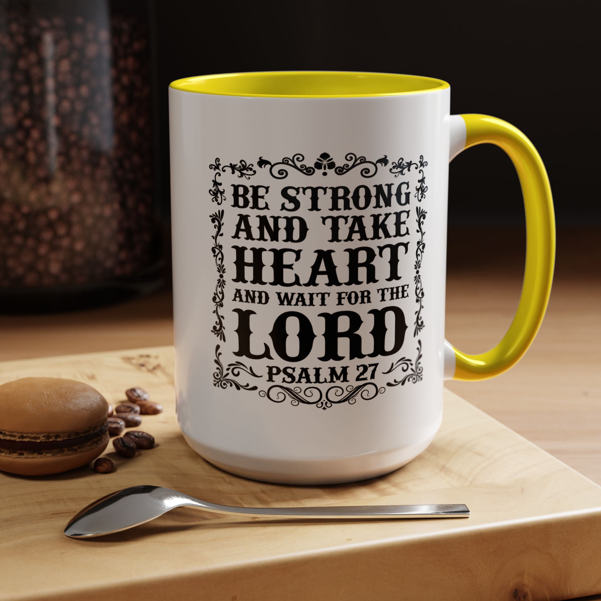Be Strong and Take Heart Coffee Mug – 11oz & 15oz Christian Scripture Design, Colorful Interior