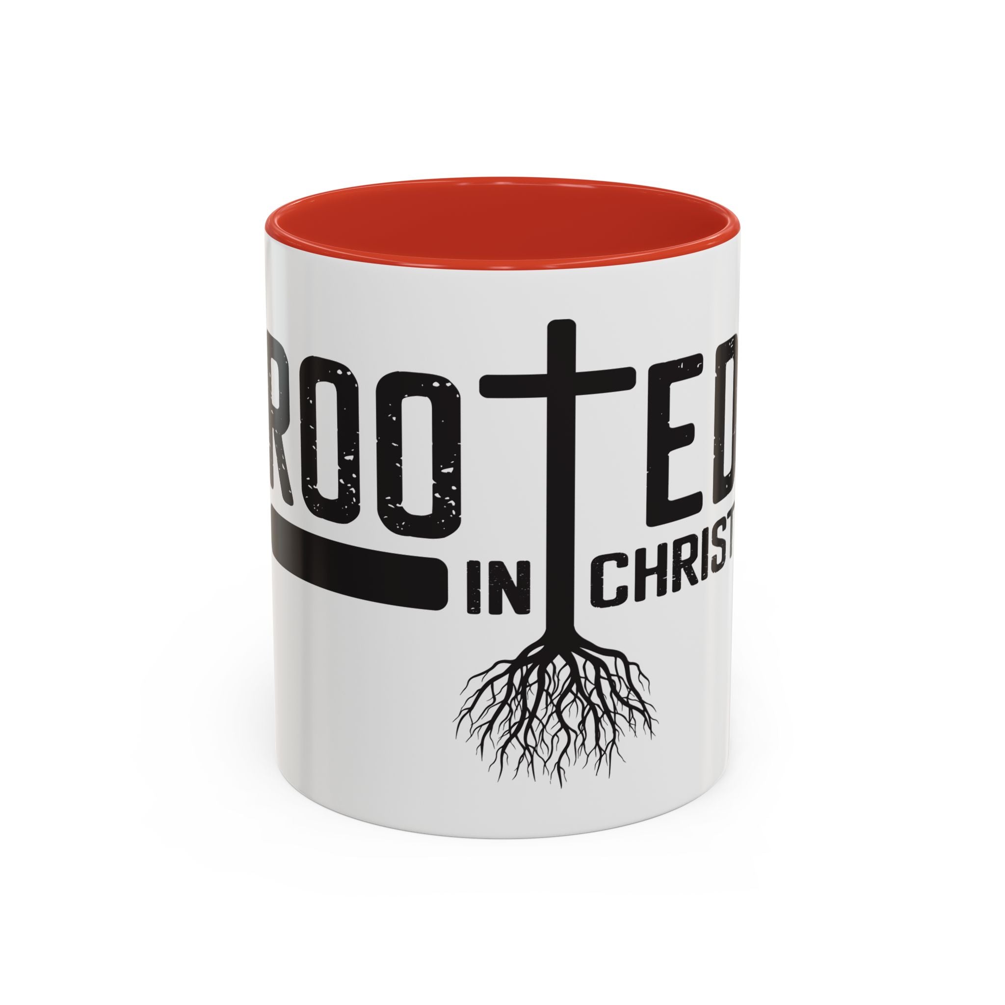 Rooted in Christ Coffee Mug – 11oz & 15oz Christian Tree Cross Design, Colorful Interior