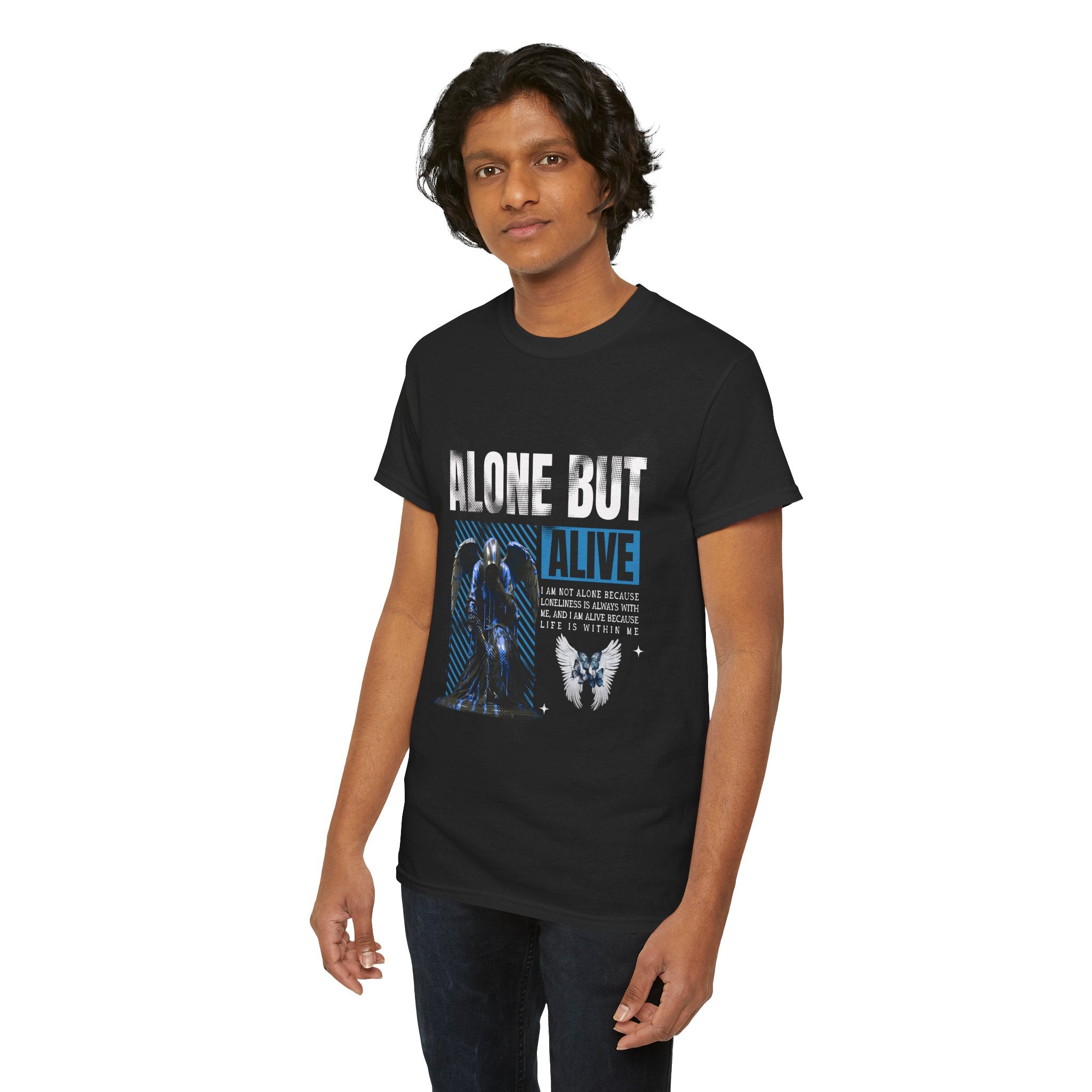 Alone but Alive" Dark Angel Statue with Blue Accents - Digital Art