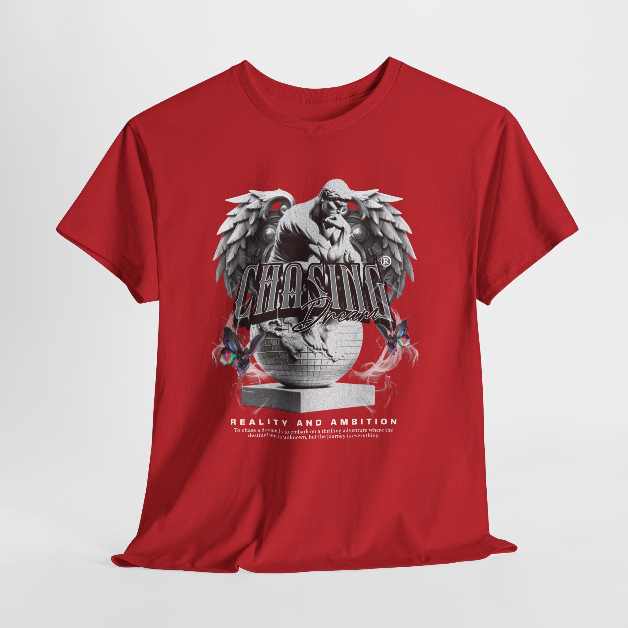 Chasing Dreams" Thinker Statue on Globe with Wings - Motivational Digital Art