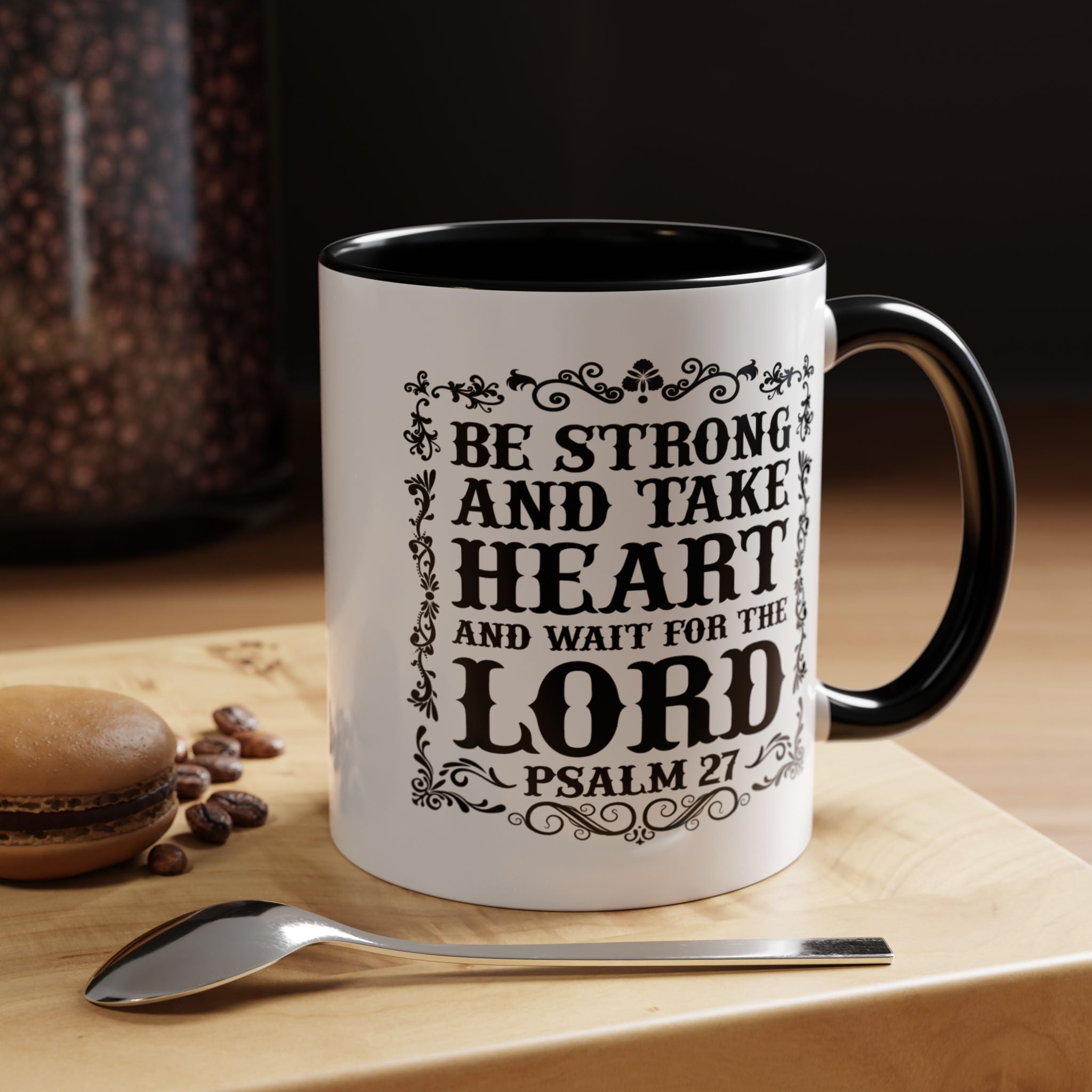 Be Strong and Take Heart Coffee Mug – 11oz & 15oz Christian Scripture Design, Colorful Interior