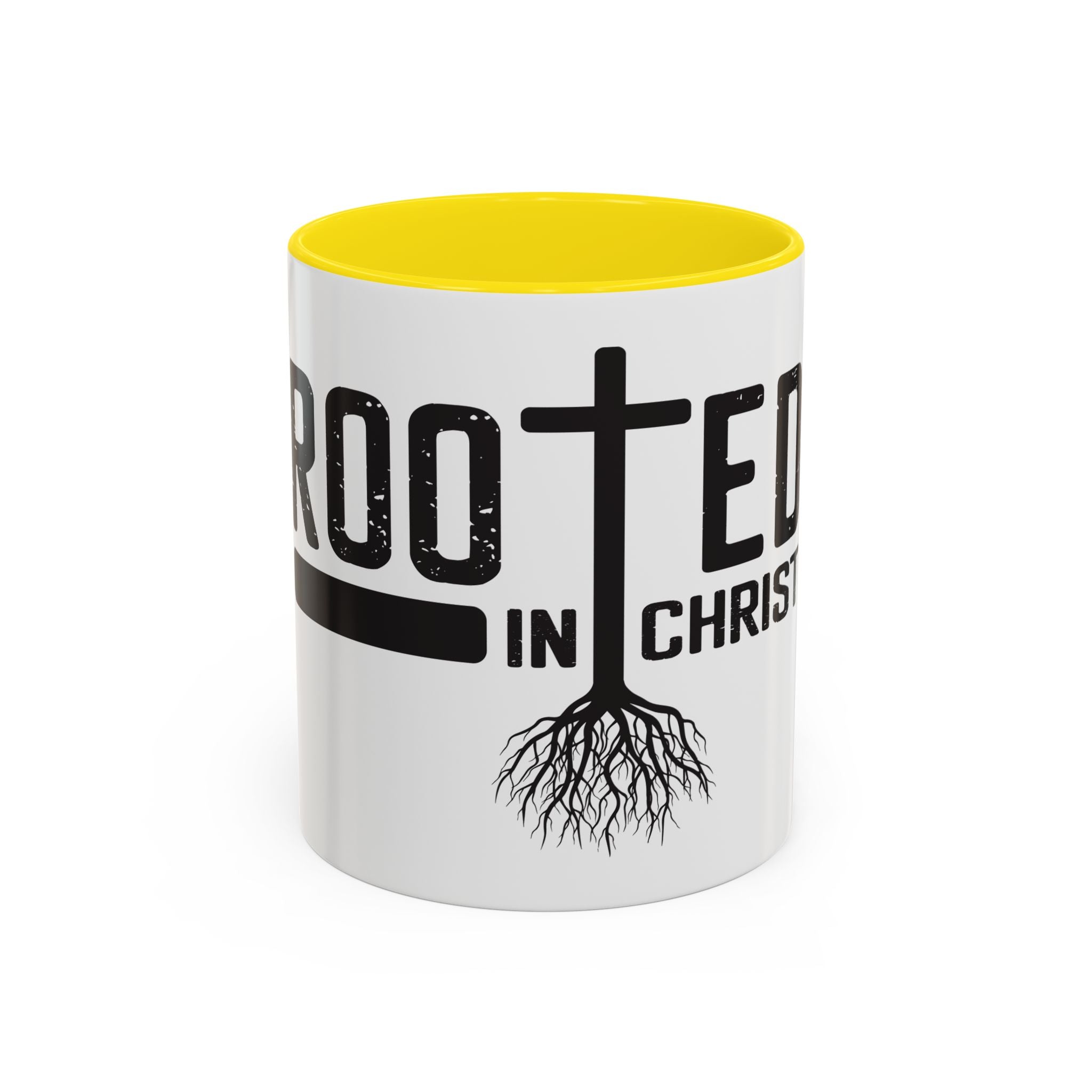 Rooted in Christ Coffee Mug – 11oz & 15oz Christian Tree Cross Design, Colorful Interior