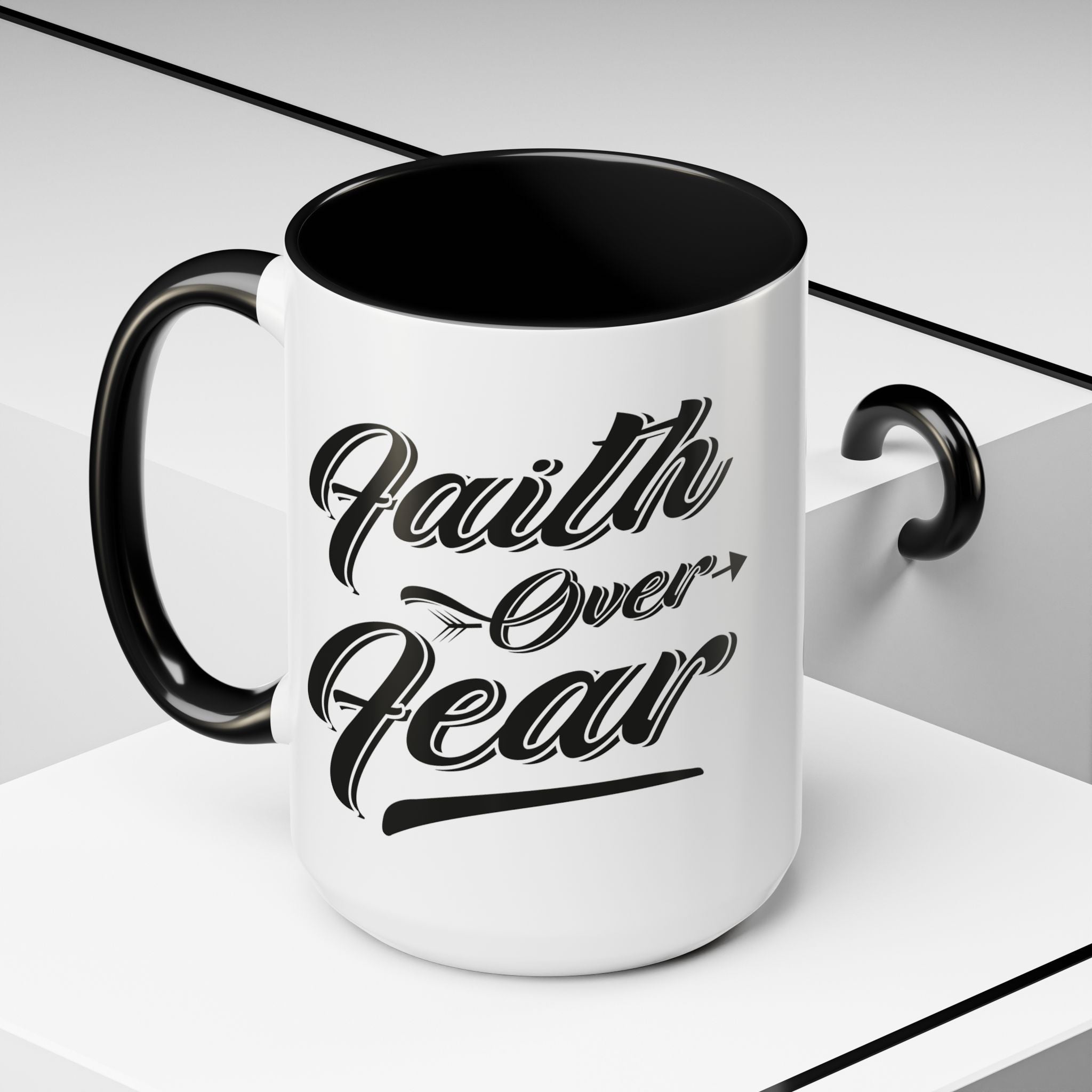 Faith Over Fear Coffee Mug – 11oz & 15oz Inspirational Christian Quote, Colorful Interior