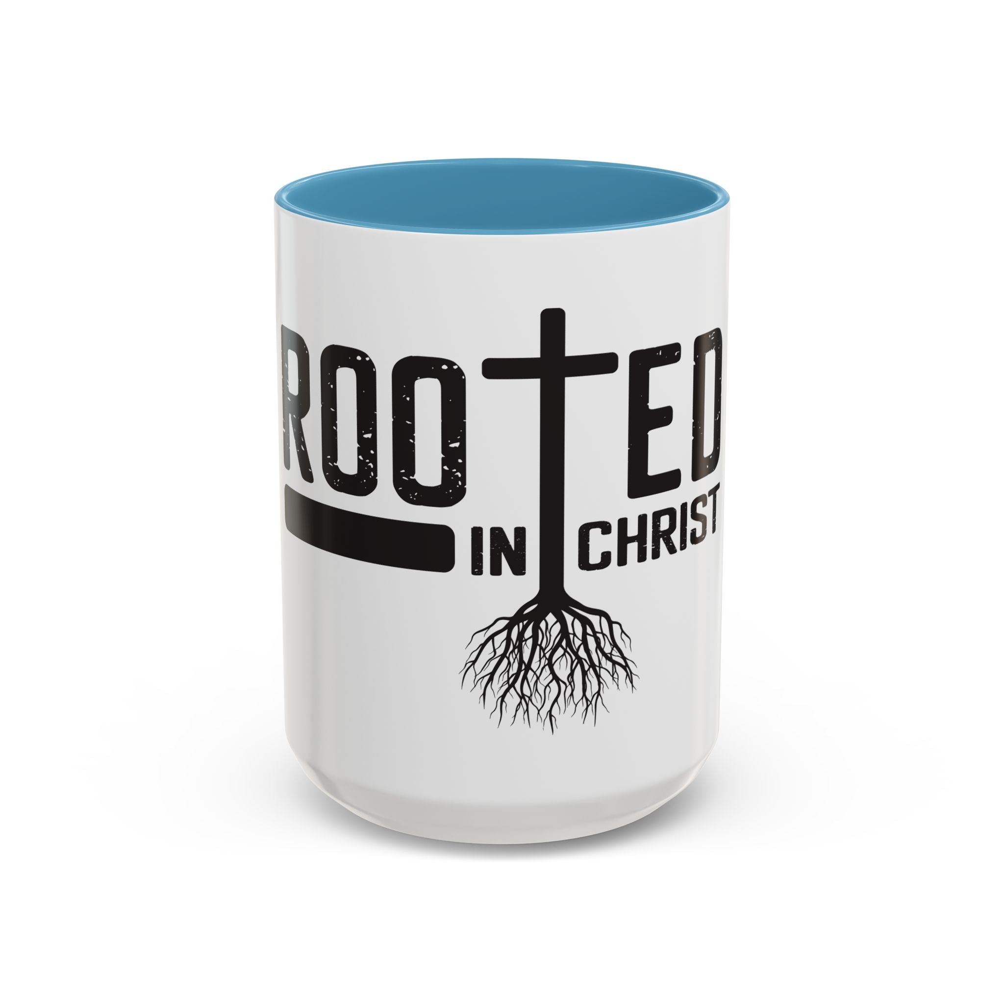 Rooted in Christ Coffee Mug – 11oz & 15oz Christian Tree Cross Design, Colorful Interior