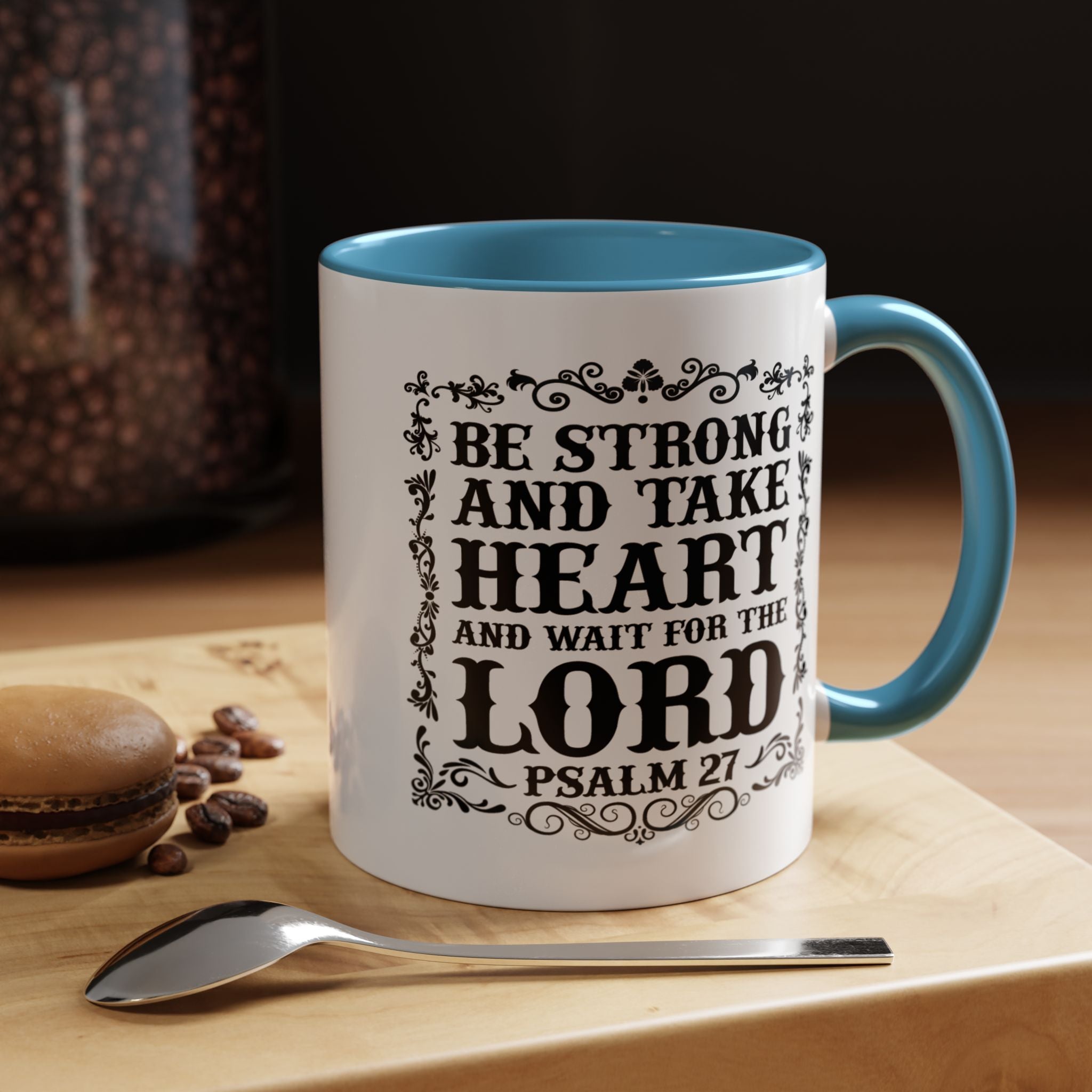 Be Strong and Take Heart Coffee Mug – 11oz & 15oz Christian Scripture Design, Colorful Interior