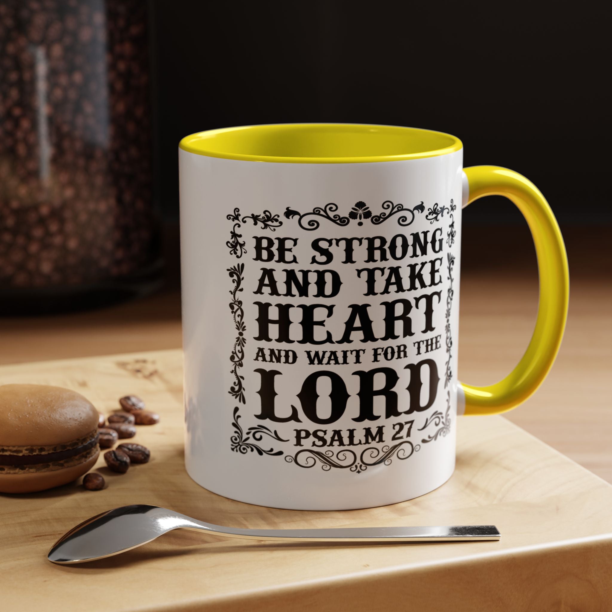 Be Strong and Take Heart Coffee Mug – 11oz & 15oz Christian Scripture Design, Colorful Interior