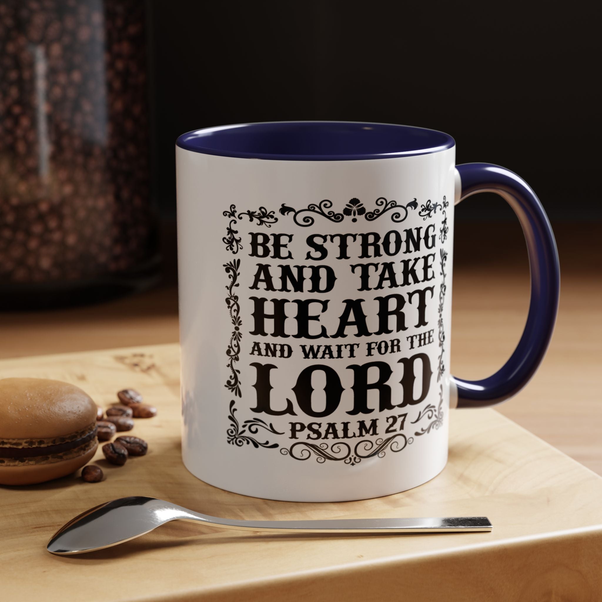 Be Strong and Take Heart Coffee Mug – 11oz & 15oz Christian Scripture Design, Colorful Interior