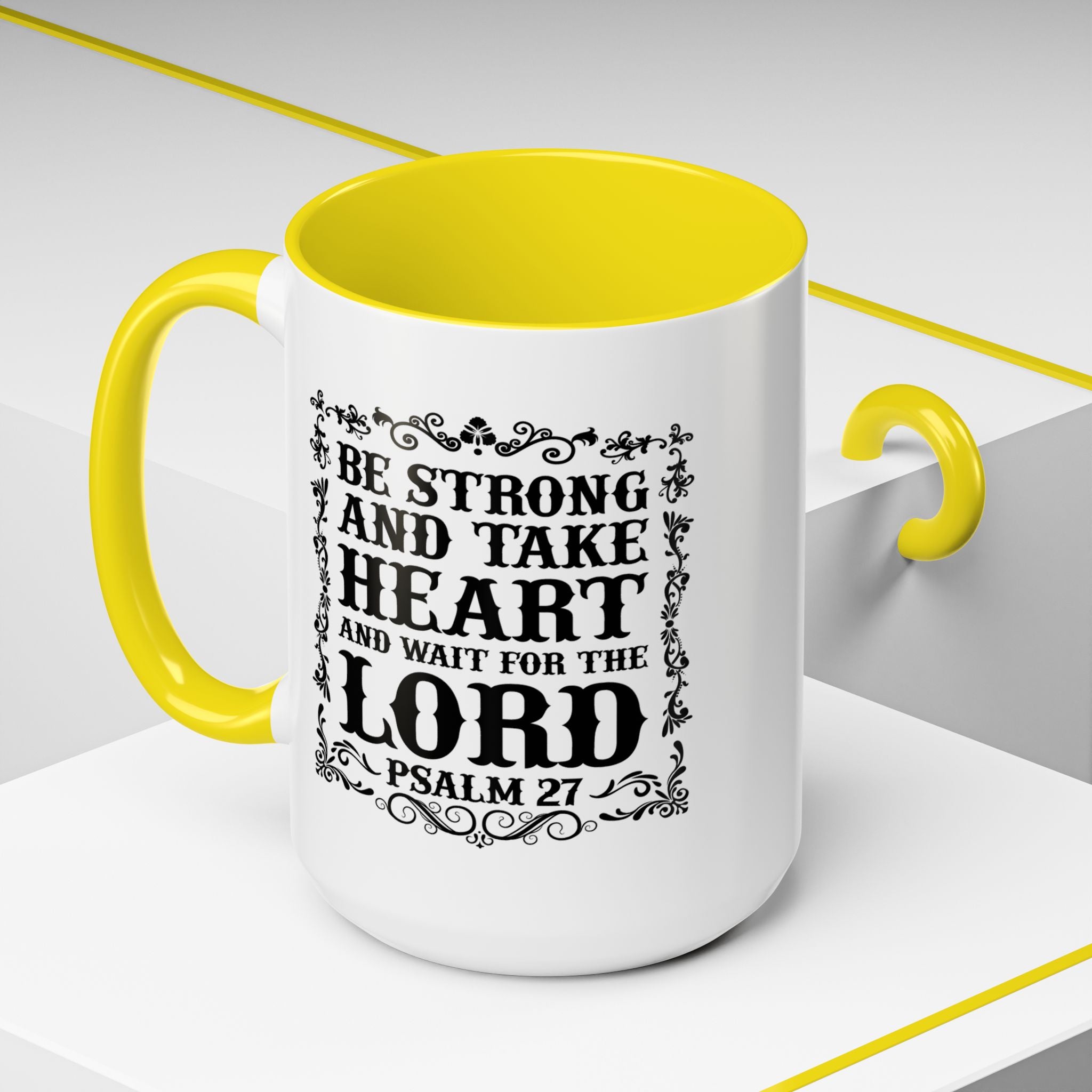 Be Strong and Take Heart Coffee Mug – 11oz & 15oz Christian Scripture Design, Colorful Interior