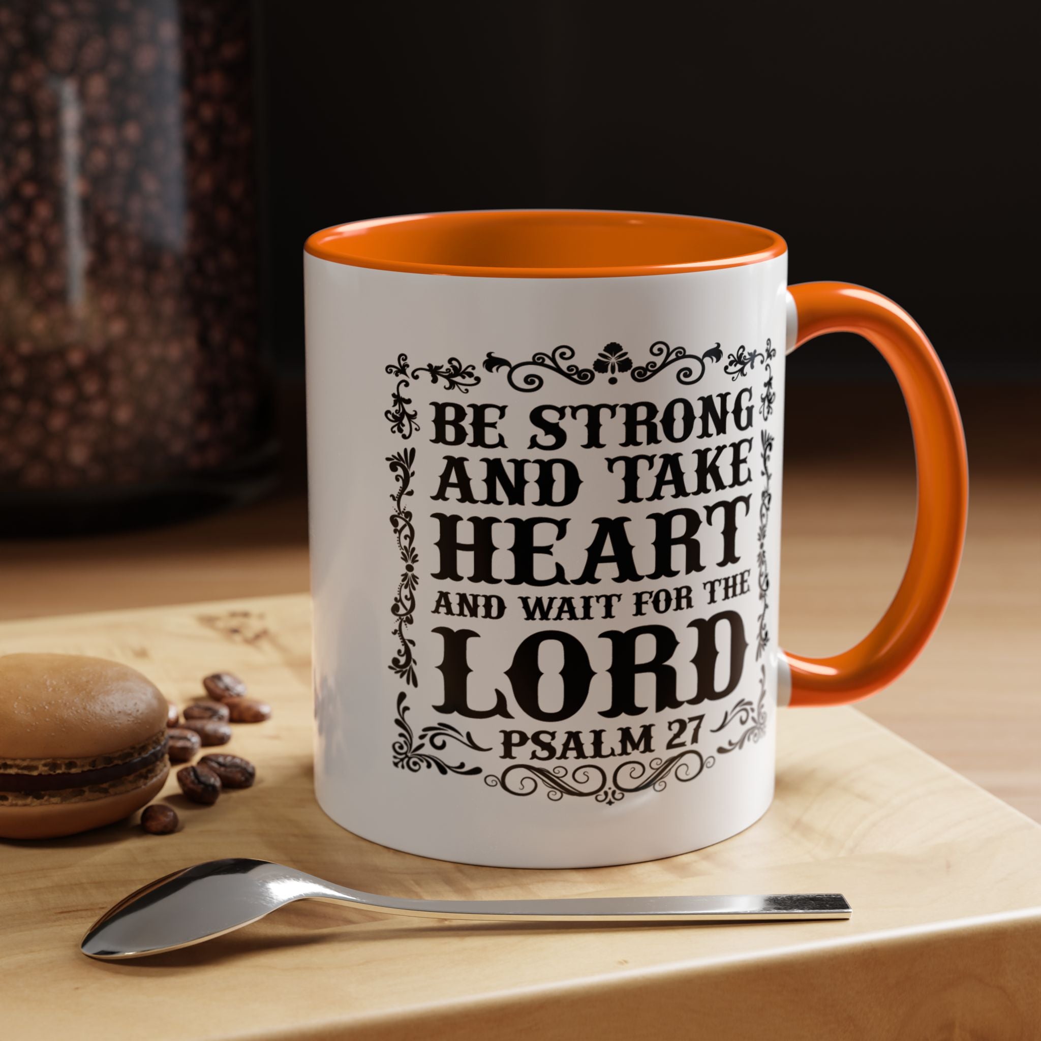 Be Strong and Take Heart Coffee Mug – 11oz & 15oz Christian Scripture Design, Colorful Interior