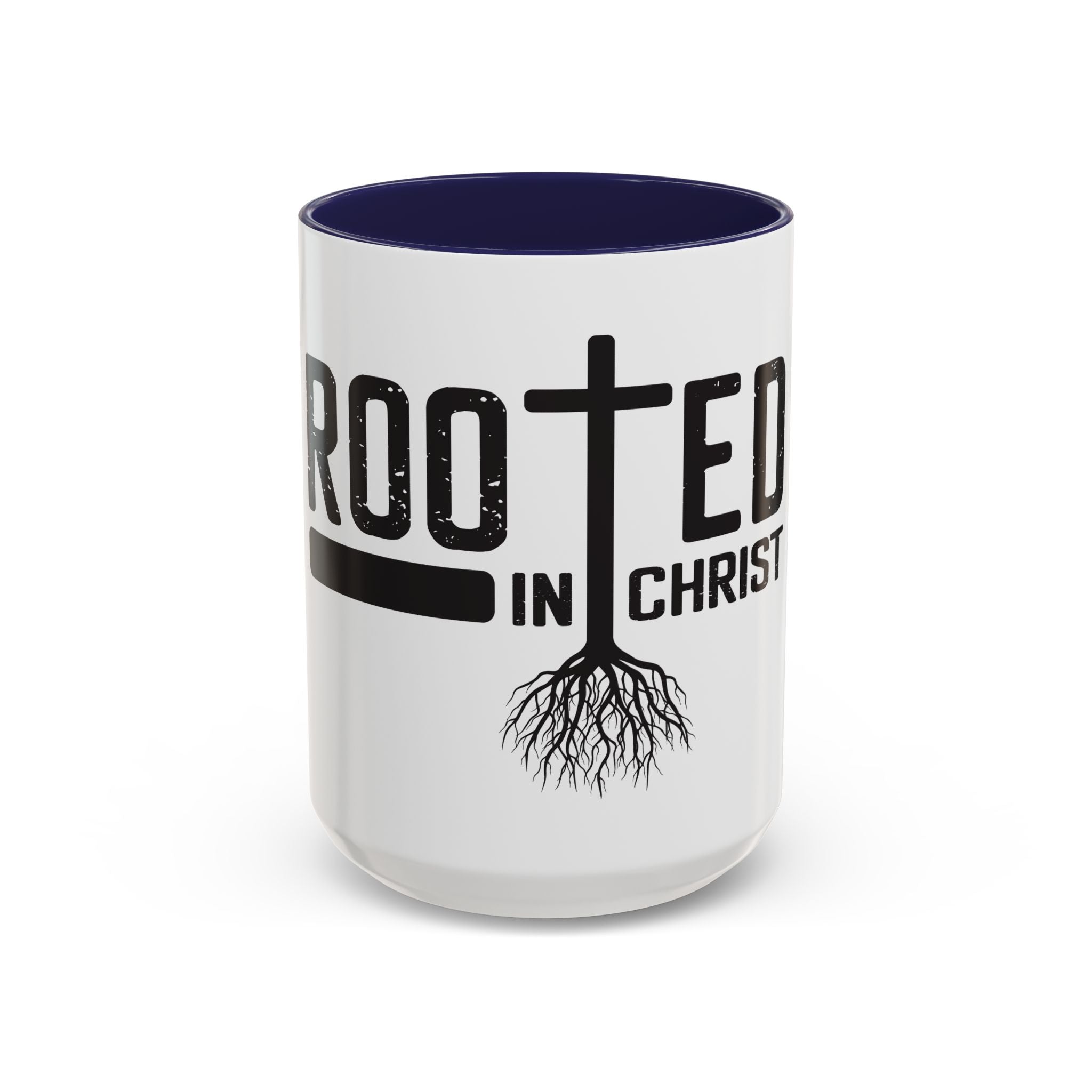 Rooted in Christ Coffee Mug – 11oz & 15oz Christian Tree Cross Design, Colorful Interior