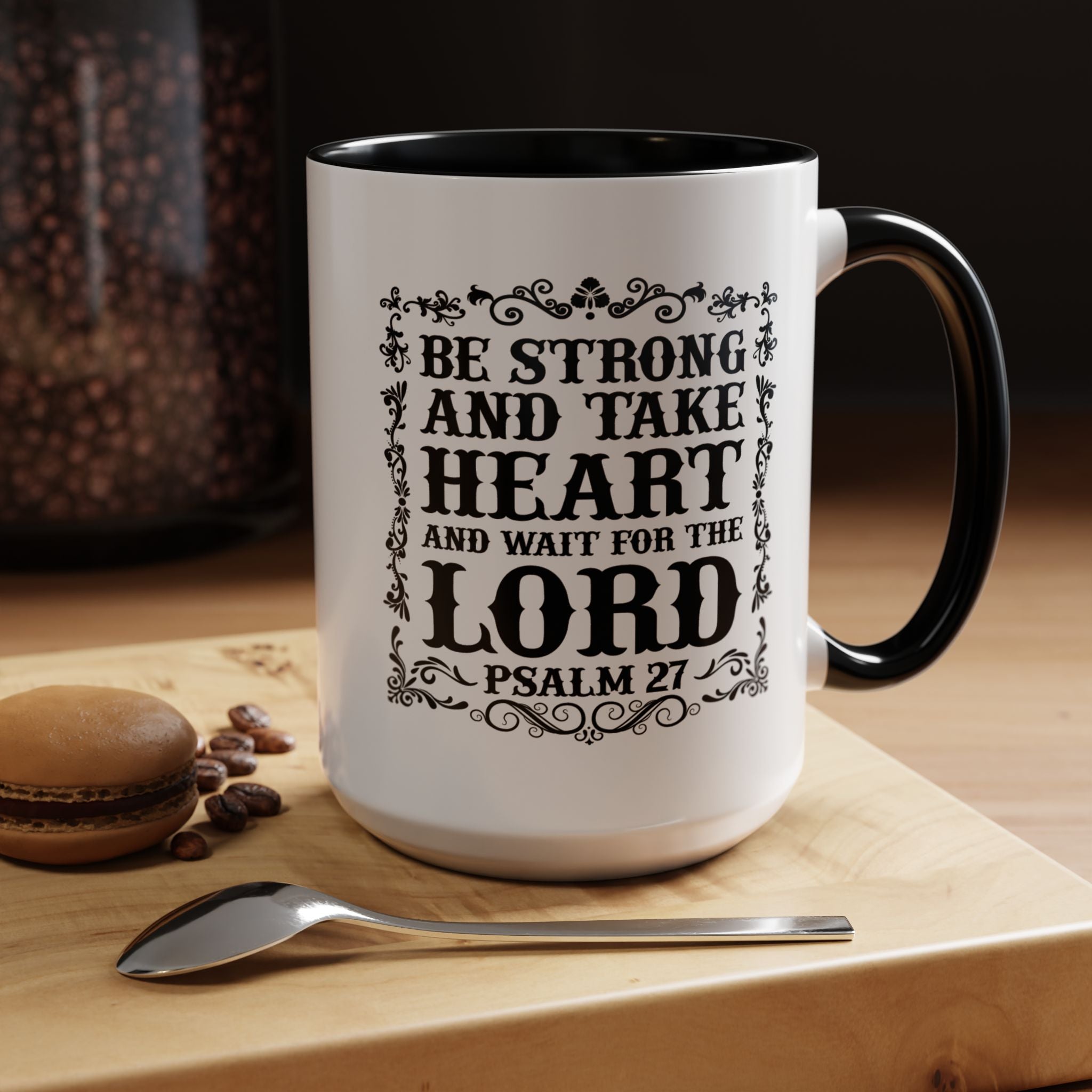 Be Strong and Take Heart Coffee Mug – 11oz & 15oz Christian Scripture Design, Colorful Interior