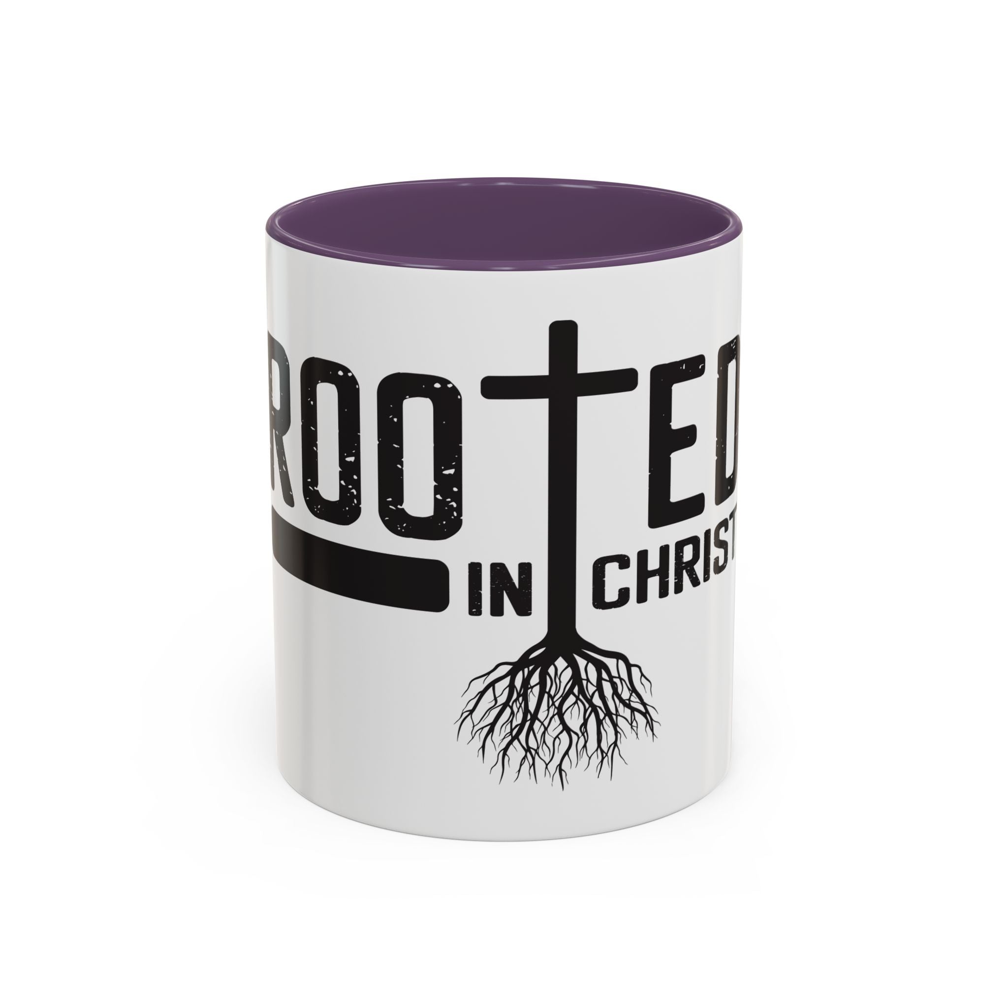 Rooted in Christ Coffee Mug – 11oz & 15oz Christian Tree Cross Design, Colorful Interior