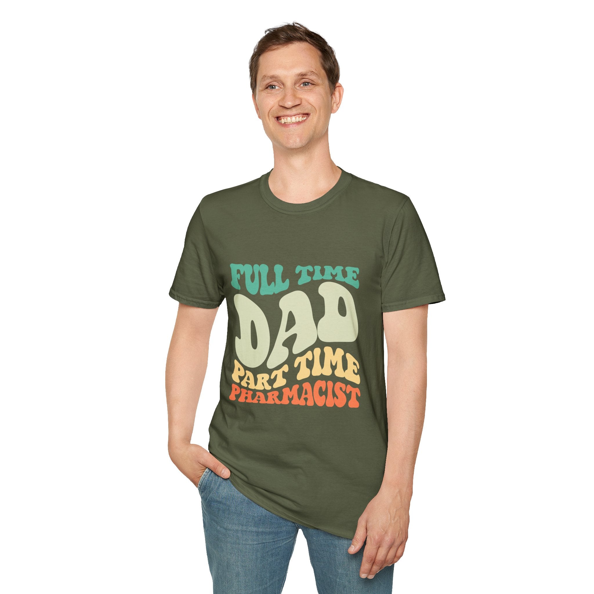 Funny Dad T-Shirt – “Full-Time Dad, Part-Time Pharmacist” Gift for Fathers, Healthcare Workers, and Pharmacy Lovers